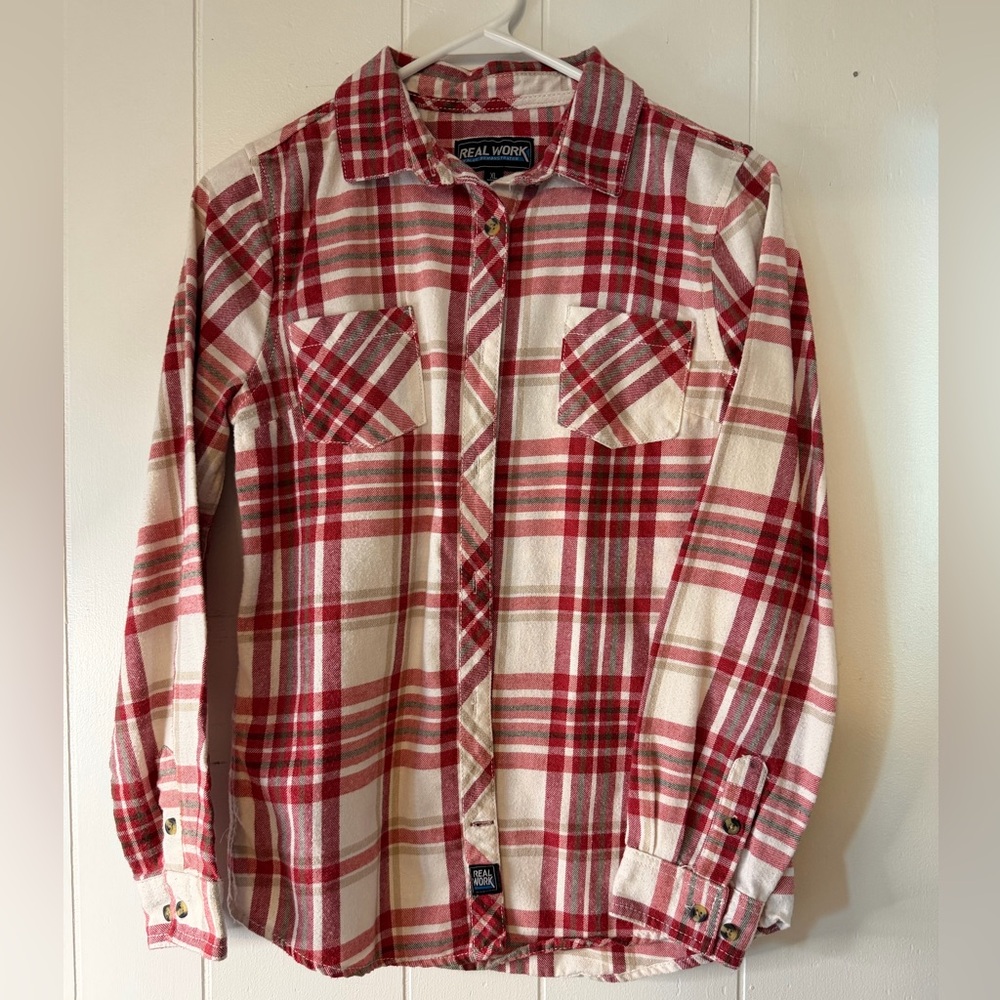 Real Work Red Plaid Flannel Button Down Shirt Women’s XL (16)